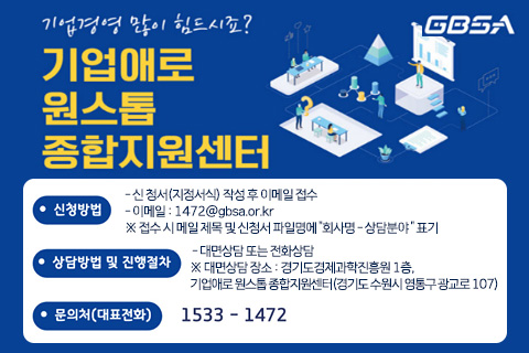 기업경영 많이 힘드시죠?
기업애로 원스톱 종합지원센터
/신청방법 : -신청서(지정서식) 작성 후 이메일 접수 - 이메일 : 1472@gbsa.or.kr ※접수 시 메일 제목 및 신청서 파일명에 "회사명 - 상담분야 " 표기
/상담방법 및 진행절차 : -대면상담 또는 전화상담 ※대면상담 장소 : 경기도경제과학진흥원 1층, 기업애로 원스톱 종합지원센터(경기도 수원시 영통구 광교로 107)
/문의처(대표전화) : 1533-1472