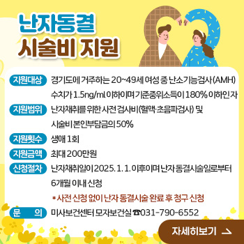 난자동결 시술비 지원
○ 지원대상: 경기도에 거주하는 20~49세 여성 중 난소기능검사(AMH) 수치가 
             1.5ng/ml 이하이며 기준중위소득이 180% 이하인 자
○ 지원범위: 난자채취를 위한 사전 검사비(혈액·초음파검사) 및 시술비 본인부담금의 50%
○ 지원횟수: 생애 1회
○ 지원금액: 최대 200만원
○ 신청절차: 난자채취일이 2025. 1. 1. 이후이며 난자 동결시술일로부터 6개월 이내 신청
  *사전 신청 없이 난자 동결시술 완료 후 청구 신청
○ 문의: 미사보건센터 모자보건실 ☎031-790-6552