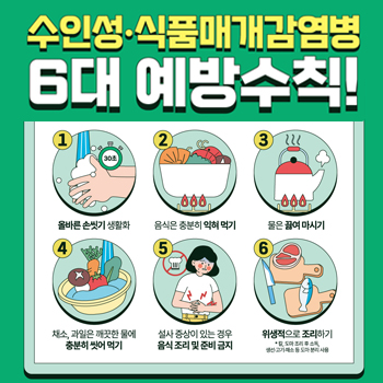 수인성‧식품매개감염병 6대 예방수칙
- 올바른 손씻기 생활화
- 음식은 충분히 익혀 먹기
- 물은 끓여 마시기
- 채소, 과일은 깨끗한 물에 충분히 씻어 먹기
- 설사 증상이 있는 경우 음식 조리 및 준비 금지
- 위생적으로 조리하기
  * 칼, 도마 조리 후 소독, 생선‧고기‧채소 등 도마 분리 사용