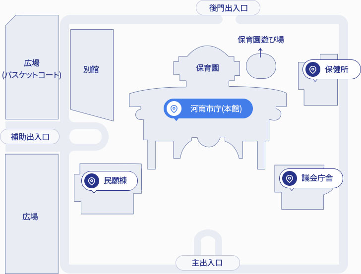 Main Building Facilities - There is a plaza (basketball court) above the secondary entrance, an annex, a plaza below, and a civil service building, and Hanam City Hall (the main building) when you enter the main entrance, and daycare centers and playgrounds are connected to the main building. And there is the back entrance behind the main building. On the right side of the main entrance, there is the National Assembly building below the health center.
