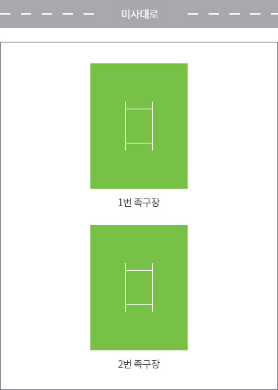 족구장 시설 평면도 - 미사도로 이미지, 1번 족구장 이미지, 2번 족구장 이미지