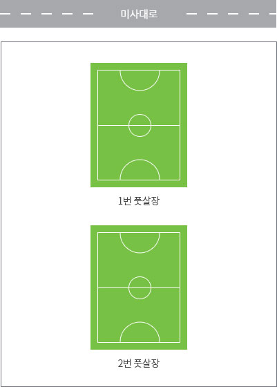 풋살장 시설 평면도 - 미사도로 이미지, 1번 풋살장 이미지, 2번 풋살장 이미지